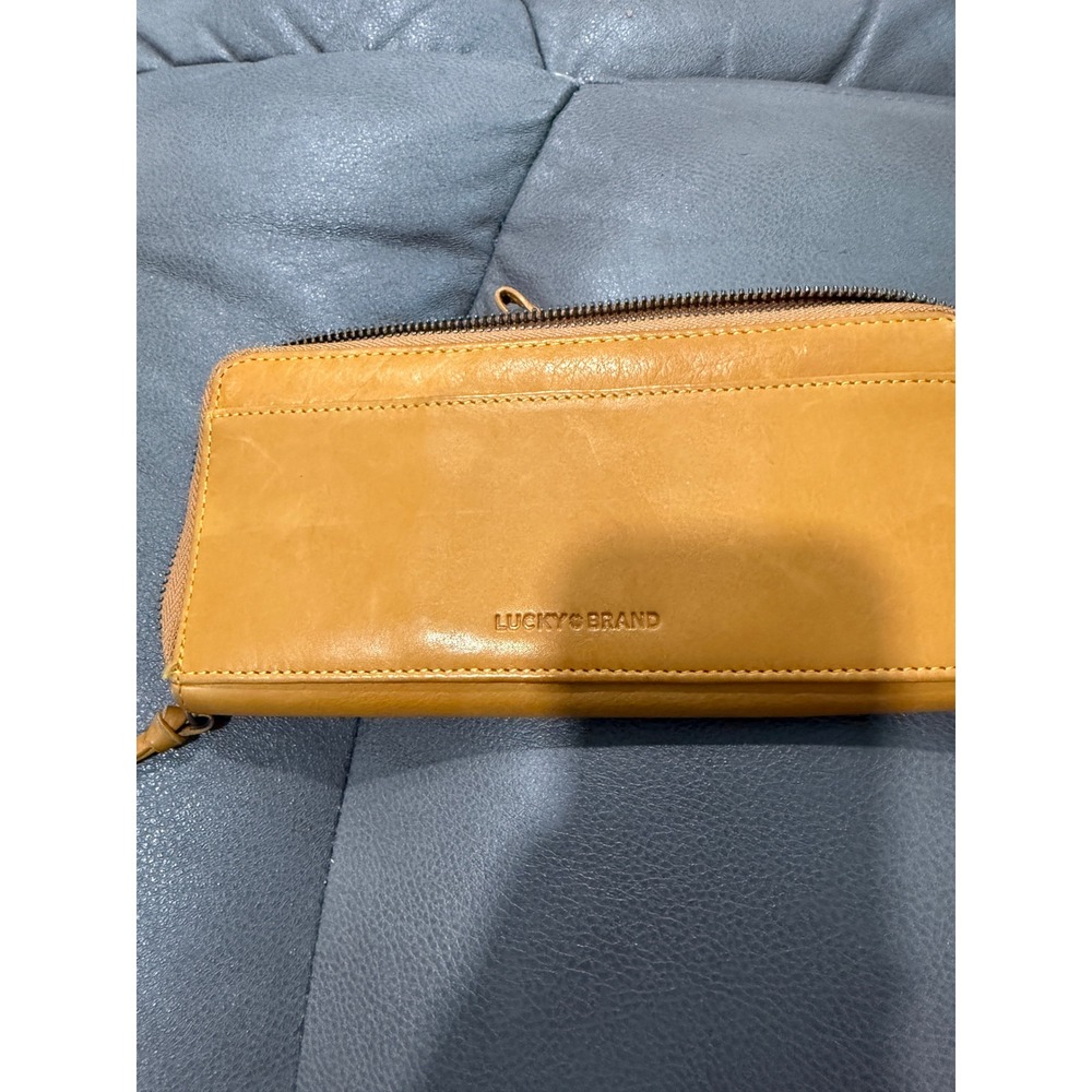 Lucky Brand Mustard Yellow Leather Zip Around Wristlet Wallet Studded Tassel